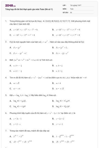 Tổng hợp đề thi thử thpt quốc gia môn Toán (Đề số 1)