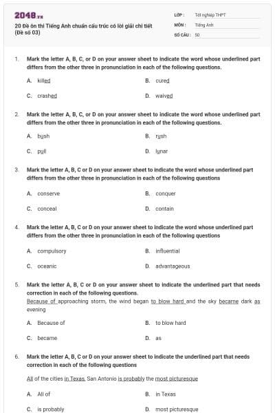 20 Đề ôn thi Tiếng Anh chuẩn cấu trúc có lời giải chi tiết (Đề số 03)