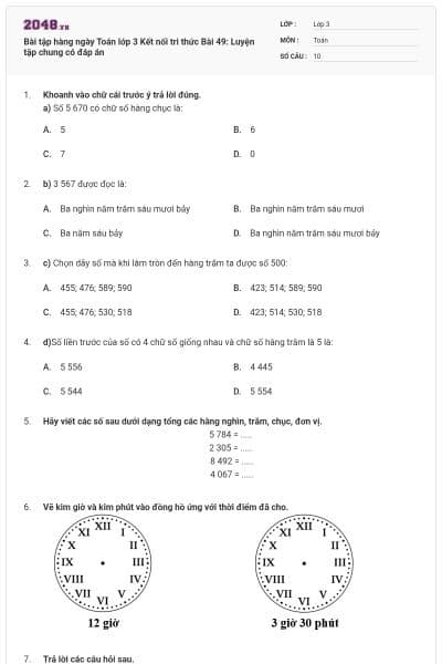 Bài tập hàng ngày Toán lớp 3 Kết nối tri thức Bài 49: Luyện tập chung có đáp án