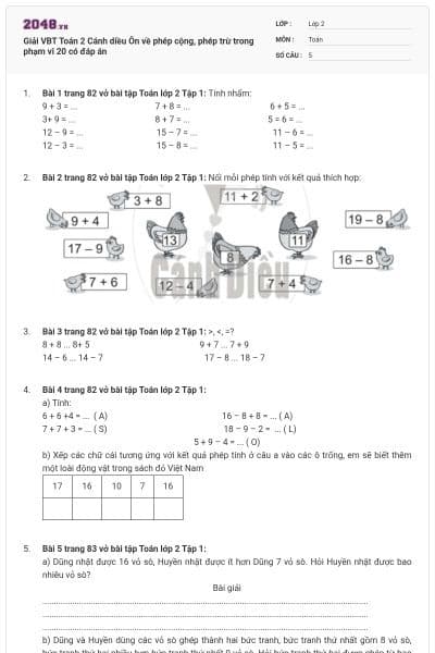 Giải VBT Toán 2 Cánh diều Ôn về phép cộng, phép trừ trong phạm vi 20 có đáp án