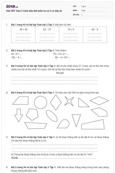 Giải VBT Toán 2 Cánh diều Bài kiểm tra số 2 có đáp án