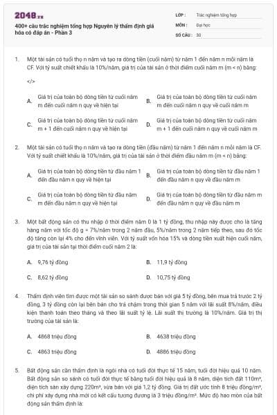 400+ câu trắc nghiệm tổng hợp Nguyên lý thẩm định giá hóa có đáp án - Phần 3
