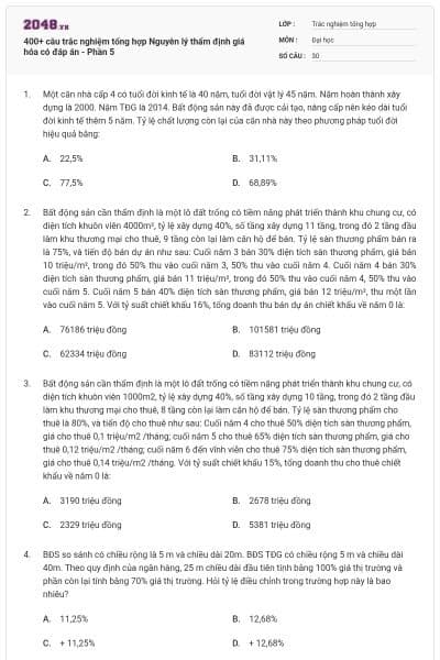 400+ câu trắc nghiệm tổng hợp Nguyên lý thẩm định giá hóa có đáp án - Phần 5