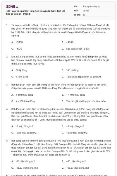 400+ câu trắc nghiệm tổng hợp Nguyên lý thẩm định giá hóa có đáp án - Phần 8