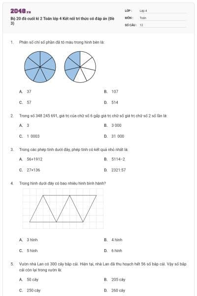 Bộ 20 đề cuối kì 2 Toán lớp 4 Kết nối tri thức có đáp án (Đề 3)