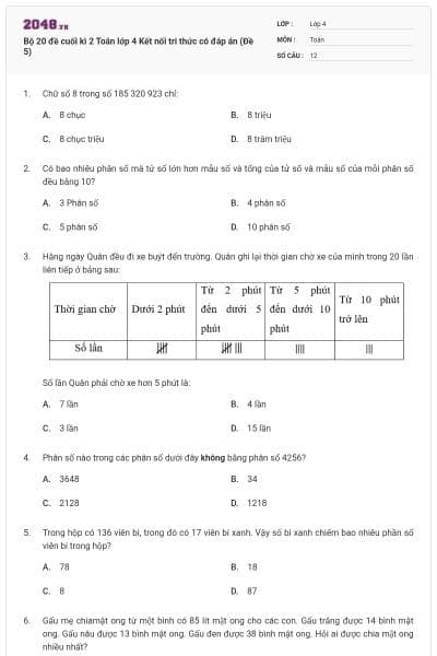 Bộ 20 đề cuối kì 2 Toán lớp 4 Kết nối tri thức có đáp án (Đề 5)