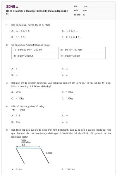 Bộ 20 đề cuối kì 2 Toán lớp 4 Kết nối tri thức có đáp án (Đề 6)