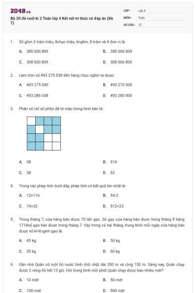 Bộ 20 đề cuối kì 2 Toán lớp 4 Kết nối tri thức có đáp án (Đề 7)