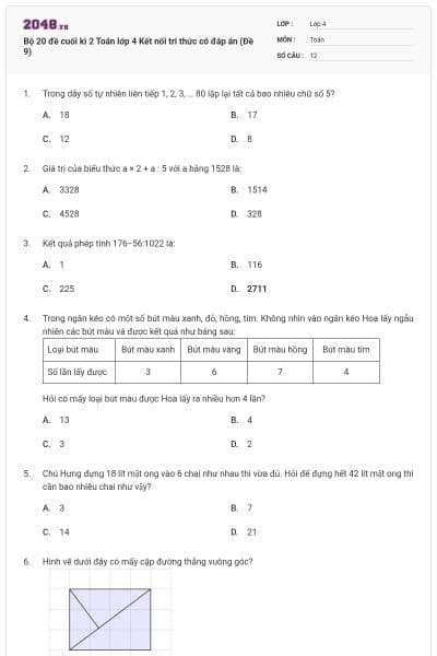 Bộ 20 đề cuối kì 2 Toán lớp 4 Kết nối tri thức có đáp án (Đề 9)