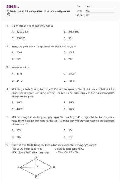 Bộ 20 đề cuối kì 2 Toán lớp 4 Kết nối tri thức có đáp án (Đề 10)