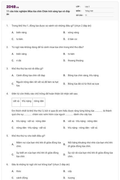 11 câu trắc nghiệm Mùa lúa chín Chân trời sáng tạo có đáp án