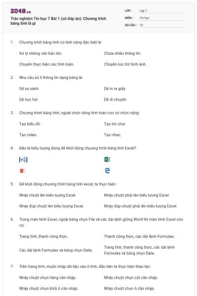 Trắc nghiệm Tin học 7 Bài 1 (có đáp án): Chương trình bảng tính là gì