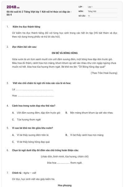 Đề thi cuối kì 2 Tiếng Việt lớp 1 Kết nối tri thức có đáp án - Đề 4