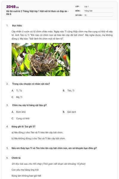 Đề thi cuối kì 2 Tiếng Việt lớp 1 Kết nối tri thức có đáp án - Đề 6