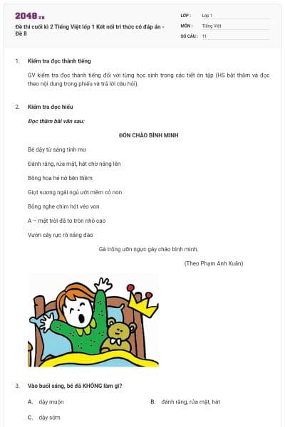 Đề thi cuối kì 2 Tiếng Việt lớp 1 Kết nối tri thức có đáp án - Đề 8