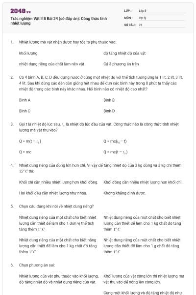 Trắc nghiệm Vật lí 8 Bài 24 (có đáp án): Công thức tính nhiệt lượng
