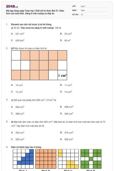 Bài tập hàng ngày Toán lớp 3 Kết nối tri thức Bài 51: Diện tích của một hình. Xăng ti mét vuông có đáp án
