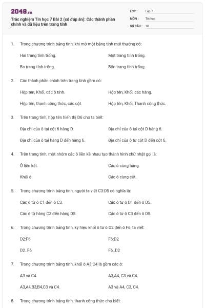 Trắc nghiệm Tin học 7 Bài 2 (có đáp án): Các thành phần chính và dữ liệu trên trang tính