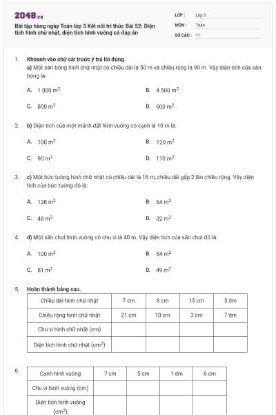 Bài tập hàng ngày Toán lớp 3 Kết nối tri thức Bài 52: Diện tích hình chữ nhật, diện tích hình vuông có đáp án