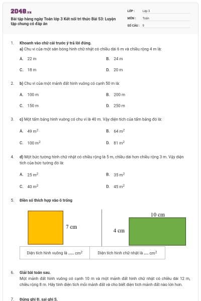 Bài tập hàng ngày Toán lớp 3 Kết nối tri thức Bài 53: Luyện tập chung có đáp án