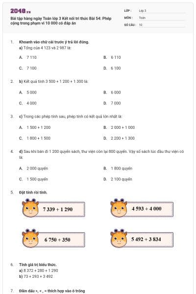 Bài tập hàng ngày Toán lớp 3 Kết nối tri thức Bài 54: Phép cộng trong phạm vi 10 000 có đáp án