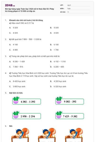 Bài tập hàng ngày Toán lớp 3 Kết nối tri thức Bài 55: Phép trừ trong phạm vi 10 000 có đáp án