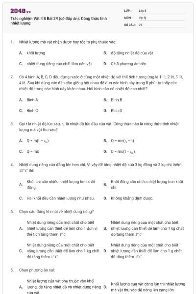 Trắc nghiệm Vật lí 8 Bài 24 (có đáp án): Công thức tính nhiệt lượng