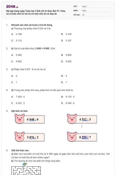 Bài tập hàng ngày Toán lớp 3 Kết nối tri thức Bài 57: Chia số có bốn chữ số với số có một chữ số có đáp án