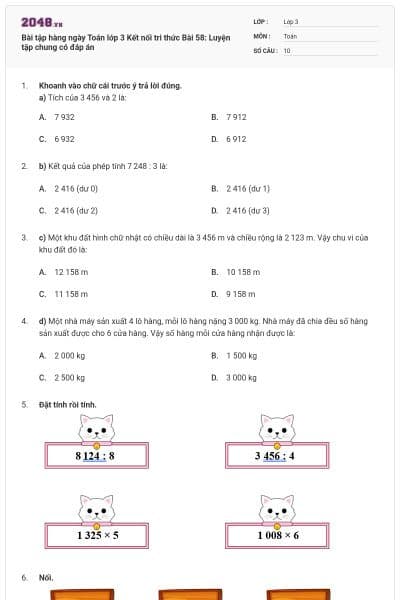 Bài tập hàng ngày Toán lớp 3 Kết nối tri thức Bài 58: Luyện tập chung có đáp án