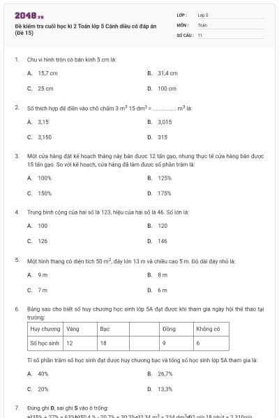 Đề kiểm tra cuối học kì 2 Toán lớp 5 Cánh diều có đáp án (Đề 15)