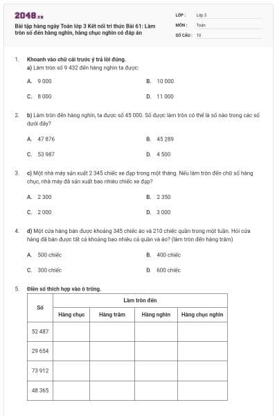 Bài tập hàng ngày Toán lớp 3 Kết nối tri thức Bài 61: Làm tròn số đến hàng nghìn, hàng chục nghìn có đáp án