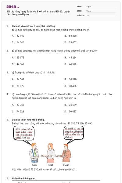 Bài tập hàng ngày Toán lớp 3 Kết nối tri thức Bài 62: Luyện tập chung có đáp án