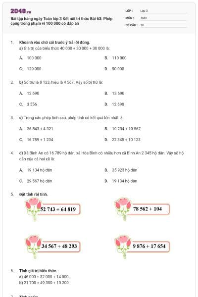 Bài tập hàng ngày Toán lớp 3 Kết nối tri thức Bài 63: Phép cộng trong phạm vi 100 000 có đáp án