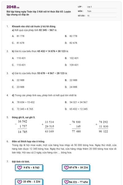 Bài tập hàng ngày Toán lớp 3 Kết nối tri thức Bài 65: Luyện tập chung có đáp án