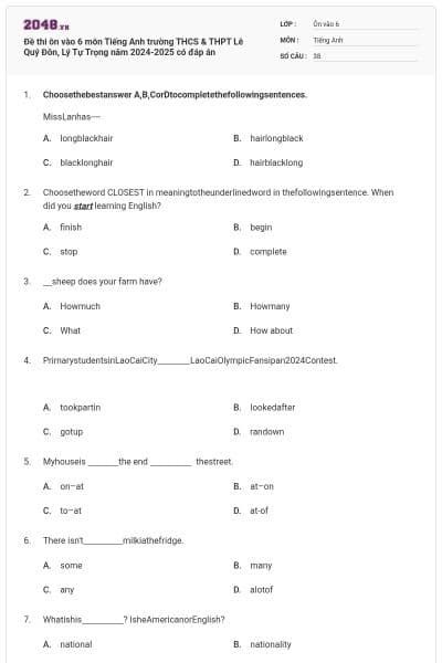 Đề thi ôn vào 6 môn Tiếng Anh trường THCS & THPT Lê Quý Đôn, Lý Tự Trọng năm 2024-2025 có đáp án