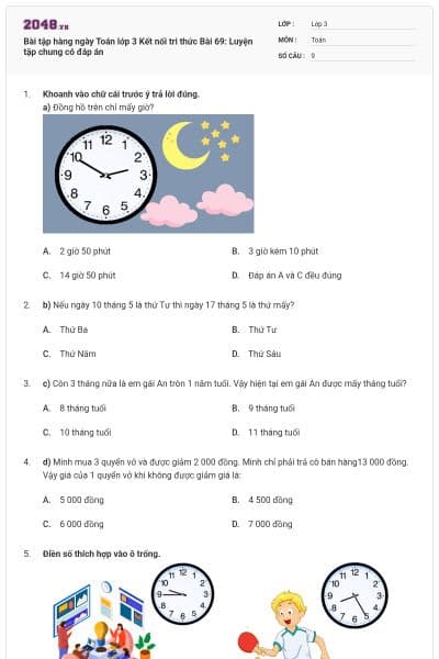 Bài tập hàng ngày Toán lớp 3 Kết nối tri thức Bài 69: Luyện tập chung có đáp án