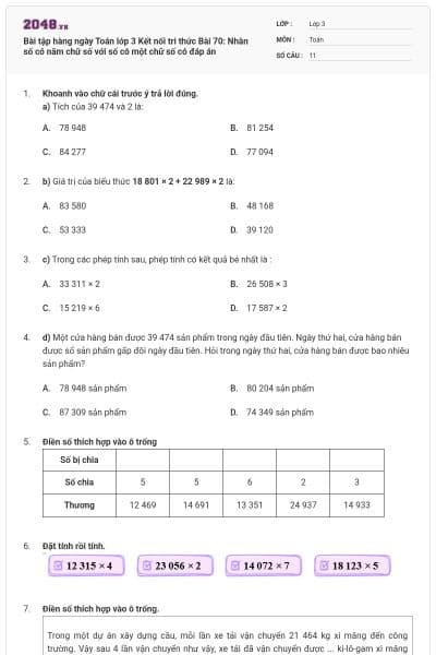 Bài tập hàng ngày Toán lớp 3 Kết nối tri thức Bài 70: Nhân số có năm chữ số với số có một chữ số có đáp án