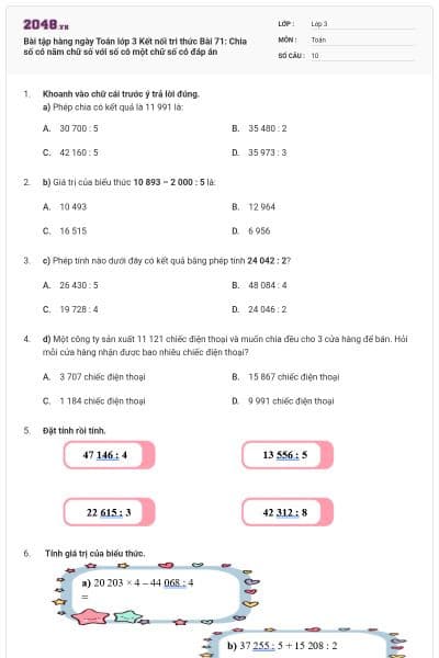 Bài tập hàng ngày Toán lớp 3 Kết nối tri thức Bài 71: Chia số có năm chữ số với số có một chữ số có đáp án