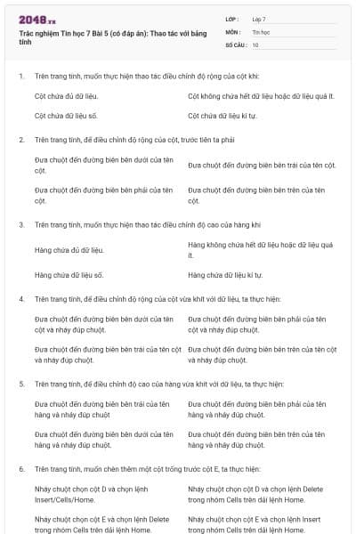 Trắc nghiệm Tin học 7 Bài 5 (có đáp án): Thao tác với bảng tính