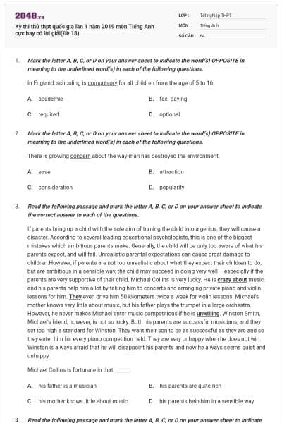 Kỳ thi thử thpt quốc gia lần 1 năm 2019 môn Tiếng Anh cực hay có lời giải(Đề 18)