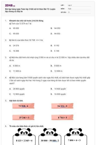 Bài tập hàng ngày Toán lớp 3 Kết nối tri thức Bài 72: Luyện tập chung có đáp án