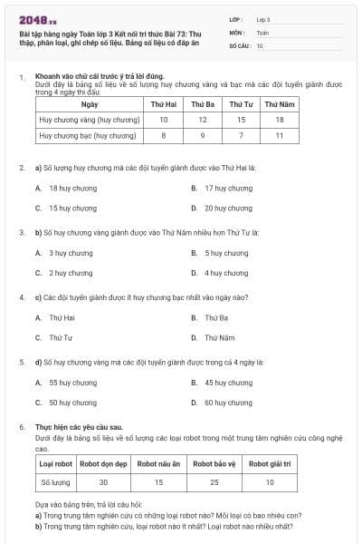Bài tập hàng ngày Toán lớp 3 Kết nối tri thức Bài 73: Thu thập, phân loại, ghi chép số liệu. Bảng số liệu có đáp án