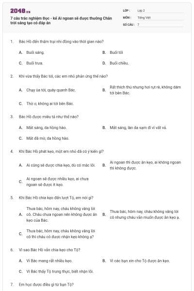 7 câu trắc nghiệm Đọc - kể Ai ngoan sẽ được thưởng Chân trời sáng tạo có đáp án