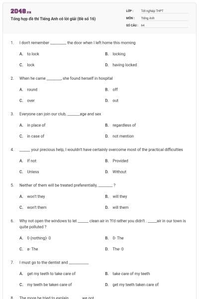 Tổng hợp đề thi Tiếng Anh có lời giải (Đề số 16)