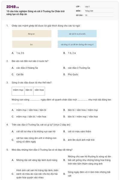 10 câu trắc nghiệm Sóng và cát ở Trường Sa Chân trời sáng tạo có đáp án