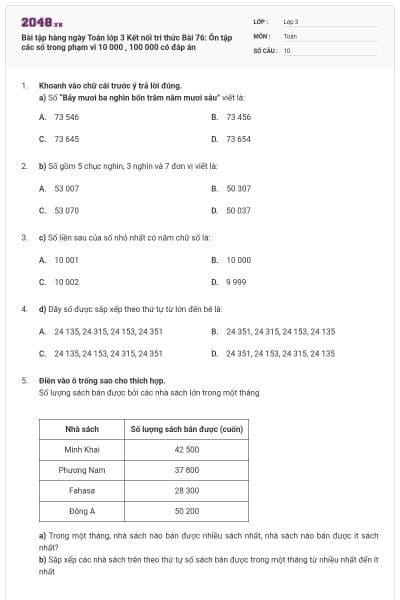 Bài tập hàng ngày Toán lớp 3 Kết nối tri thức Bài 76: Ôn tập các số trong phạm vi 10 000 , 100 000 có đáp án