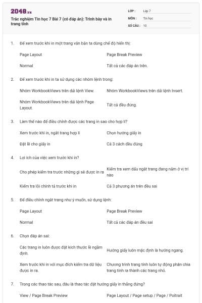 Trắc nghiệm Tin học 7 Bài 7 (có đáp án): Trình bày và in trang tính