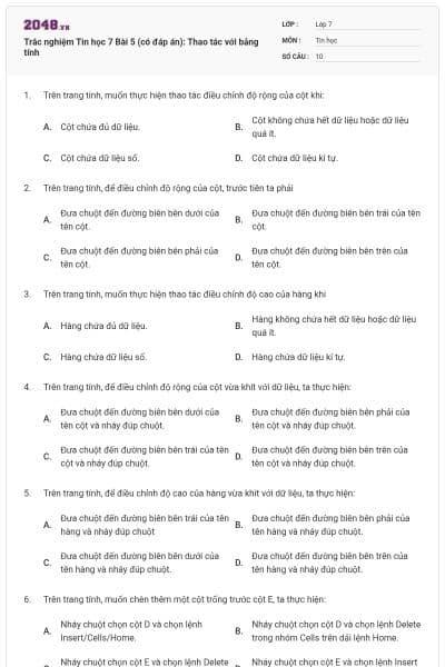 Trắc nghiệm Tin học 7 Bài 5 (có đáp án): Thao tác với bảng tính