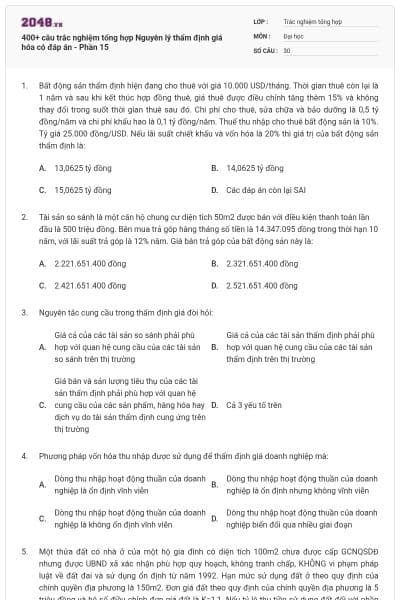 400+ câu trắc nghiệm tổng hợp Nguyên lý thẩm định giá hóa có đáp án - Phần 15