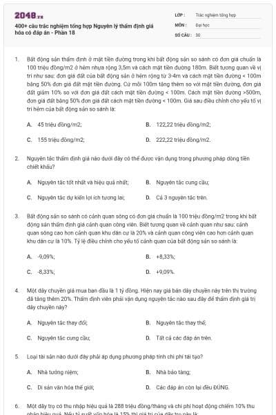 400+ câu trắc nghiệm tổng hợp Nguyên lý thẩm định giá hóa có đáp án - Phần 18